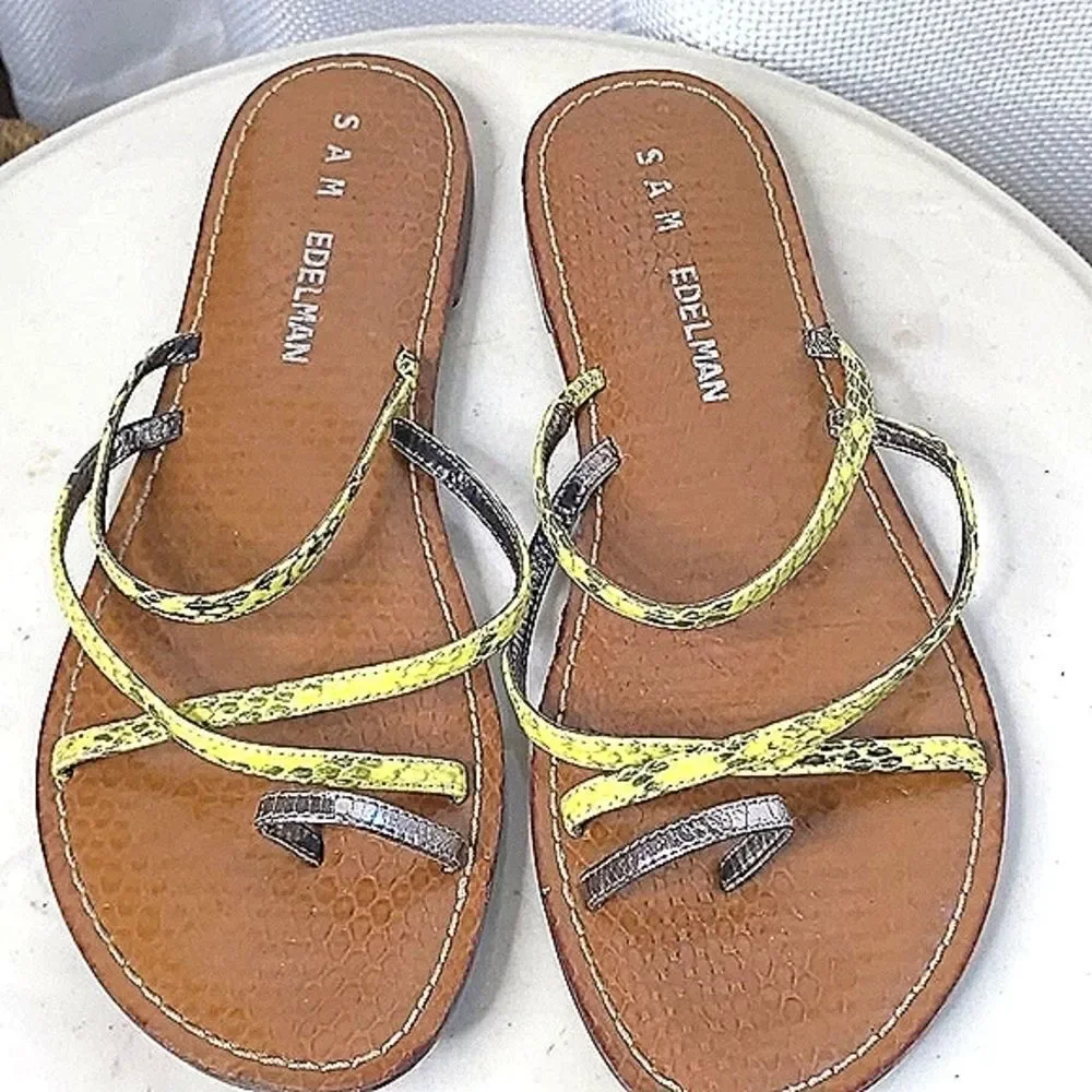 Sam Edelman Yellow Snakeskin Toe Ring Flat Sandals size 10